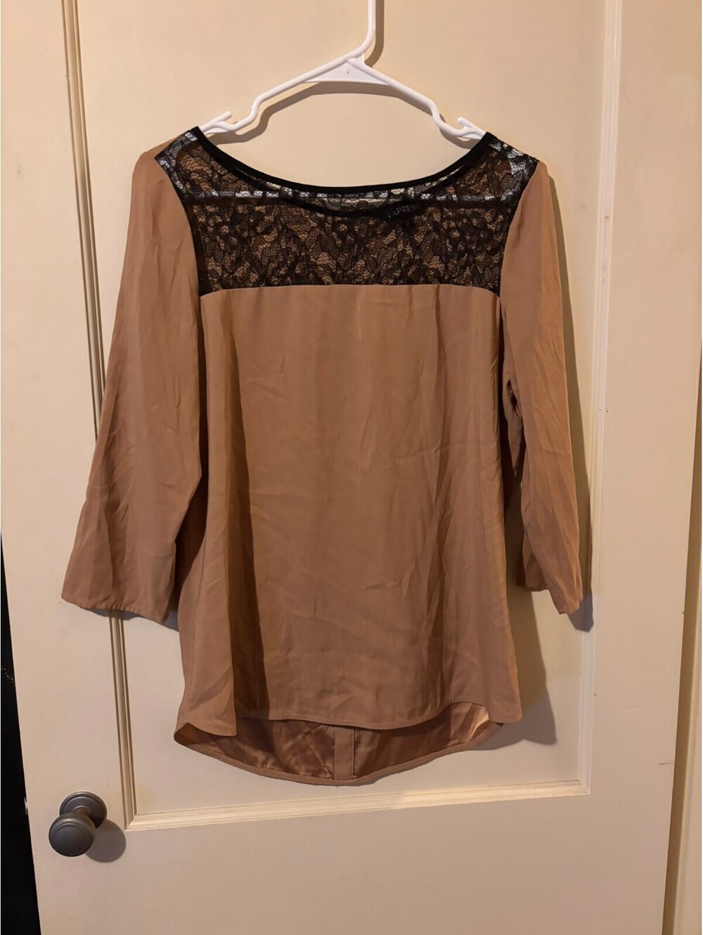 Express tan blouse with black lace yoke Medium